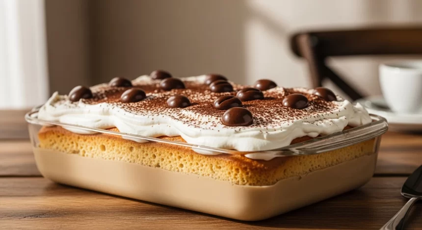 Coffee tres leches cake soaked in three milks with coffee, topped with whipped cream and cocoa powder.