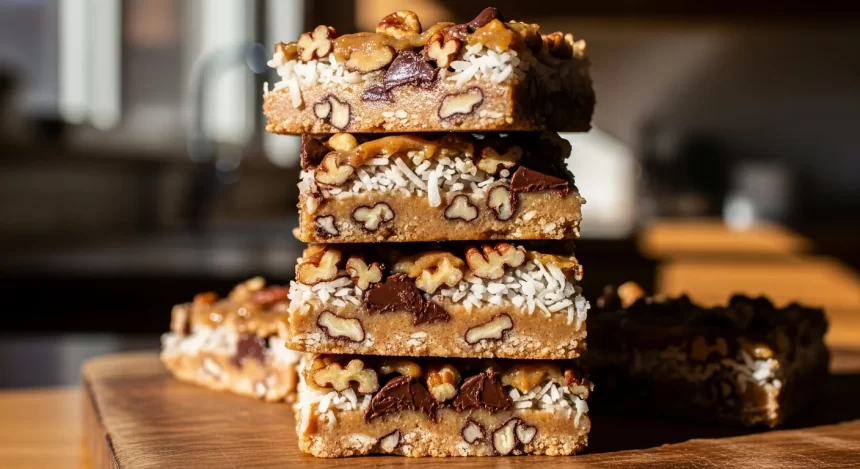 Sugar-free magic cookie bars made with almond butter, coconut, and dark chocolate.