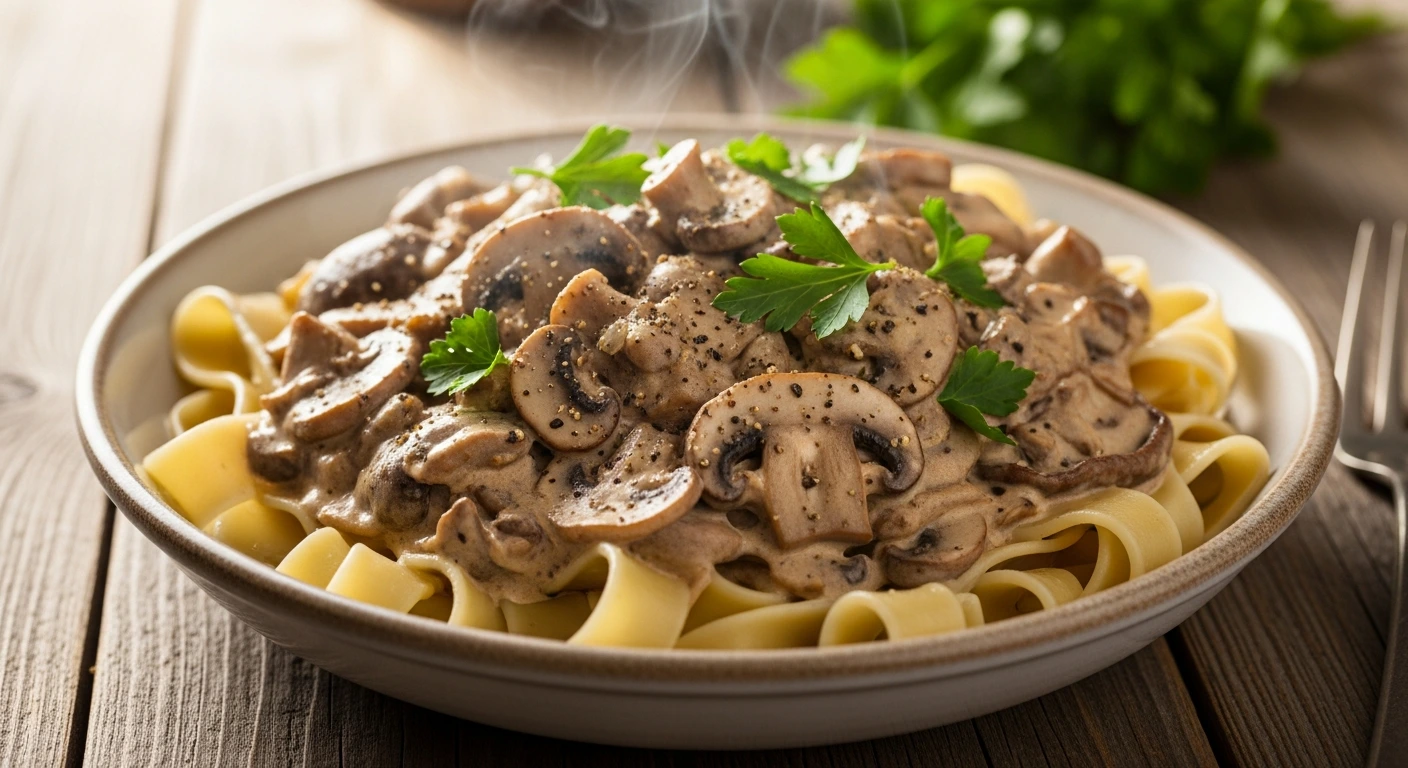 Creamy vegan mushroom stroganoff served over pasta with fresh herbs.
