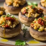Low-calorie stuffed mushrooms filled with quinoa and herbs on a plate.
