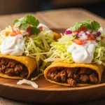 Crispy Panamanian style enchiladas with seasoned meat, lettuce, cilantro, and sour cream, served on a rustic platter.