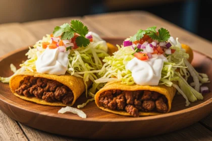 Crispy Panamanian style enchiladas with seasoned meat, lettuce, cilantro, and sour cream, served on a rustic platter.
