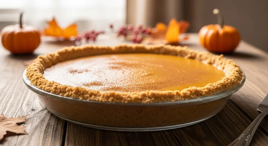 Paleo pumpkin spice pie with grain-free crust and creamy filling.