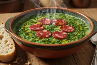 Traditional Portuguese caldo verde soup with kale, potatoes, and smoky chorizo.
