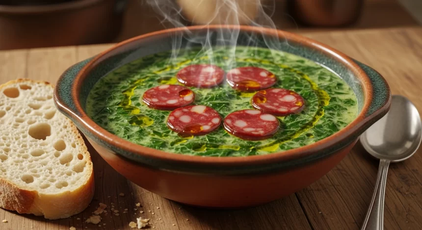 Traditional Portuguese caldo verde soup with kale, potatoes, and smoky chorizo.