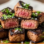 Crispy air fryer keto steak bites served on a wooden plate with fresh herbs.