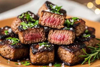 Crispy air fryer keto steak bites served on a wooden plate with fresh herbs.
