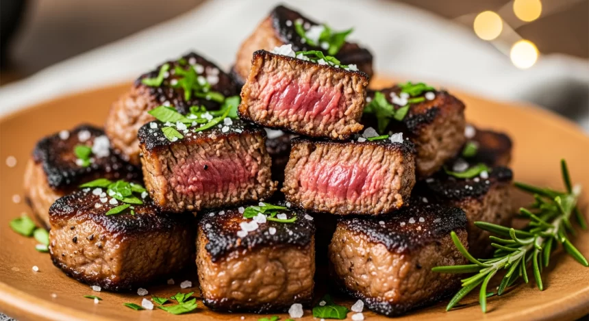 Crispy air fryer keto steak bites served on a wooden plate with fresh herbs.