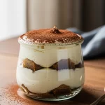 Keto tiramisu in a jar with mascarpone cream and espresso layers.