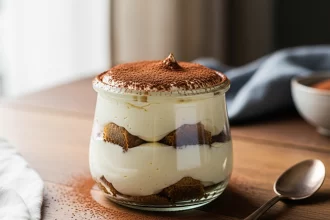 Keto tiramisu in a jar with mascarpone cream and espresso layers.