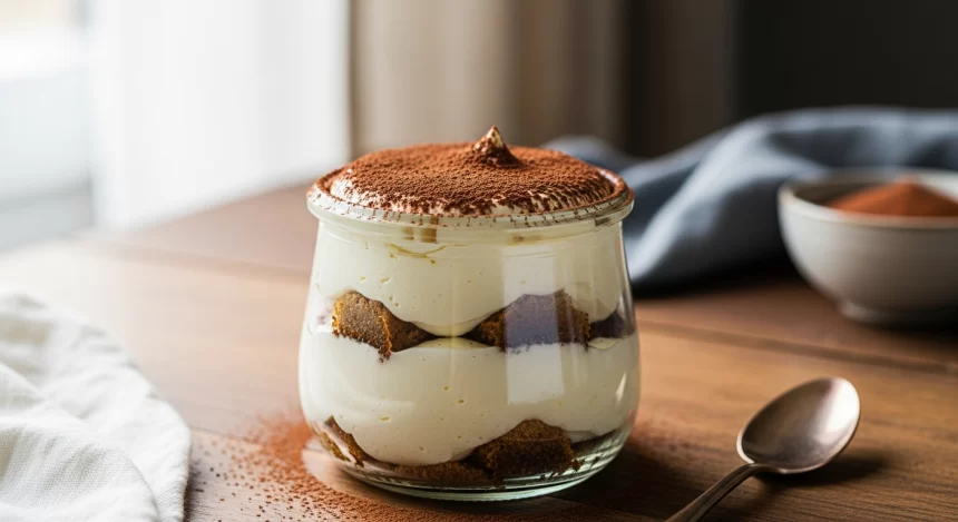 Keto tiramisu in a jar with mascarpone cream and espresso layers.