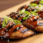 High-protein teriyaki sauce drizzled over grilled chicken, garnished with sesame seeds and green onions, perfect for muscle-building meals.