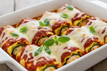 Low-cal zucchini lasagna rolls baked in marinara sauce with melted mozzarella and fresh basil.