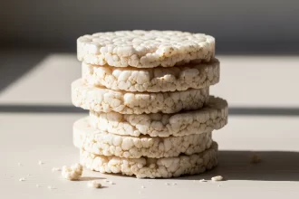 Low-calorie rice cakes stacked on a wooden surface, light and crunchy healthy snack