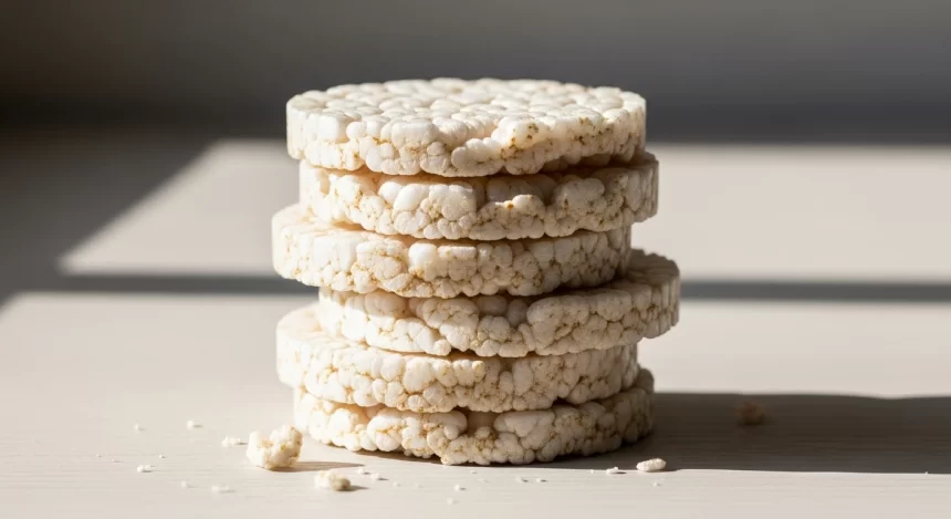 Low-calorie rice cakes stacked on a wooden surface, light and crunchy healthy snack