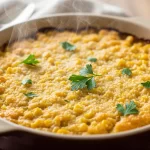Southern style vegan corn casserole with a golden crust and creamy texture, dairy-free comfort food baked fresh.