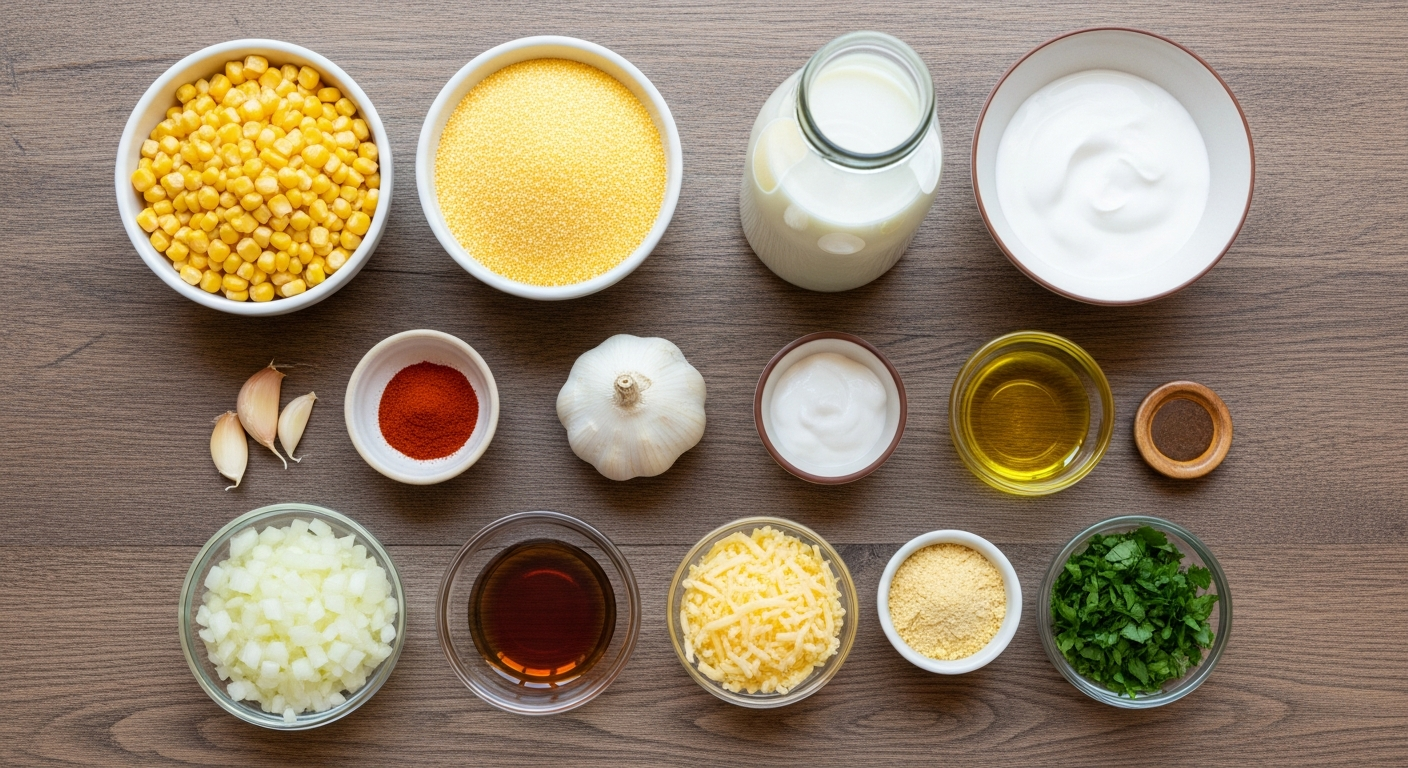 Ingredients for southern style vegan corn casserole including cornmeal, fresh corn, almond milk, coconut cream, and spices.