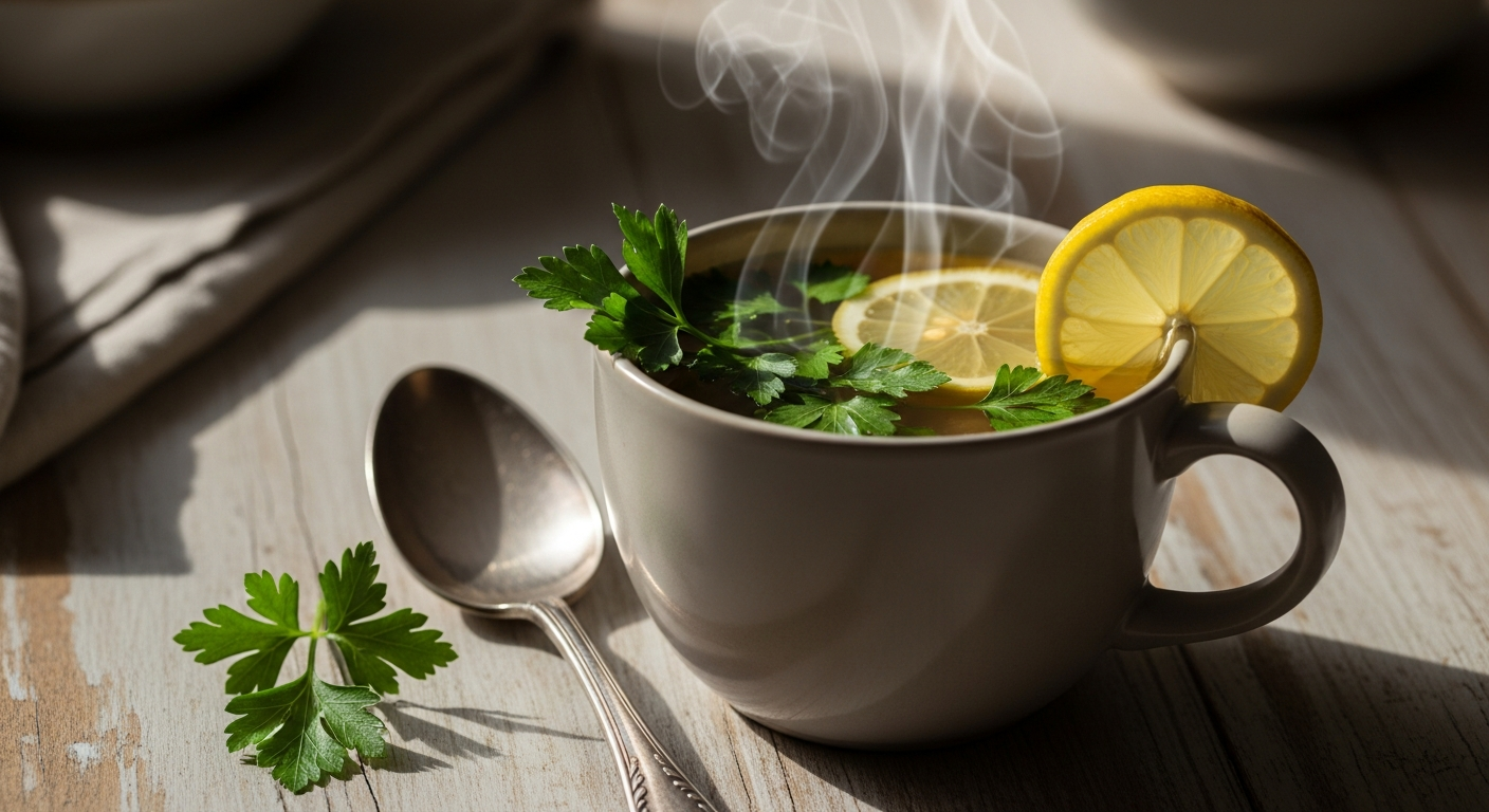 Warm paleo bone broth served with fresh herbs for natural nourishment.