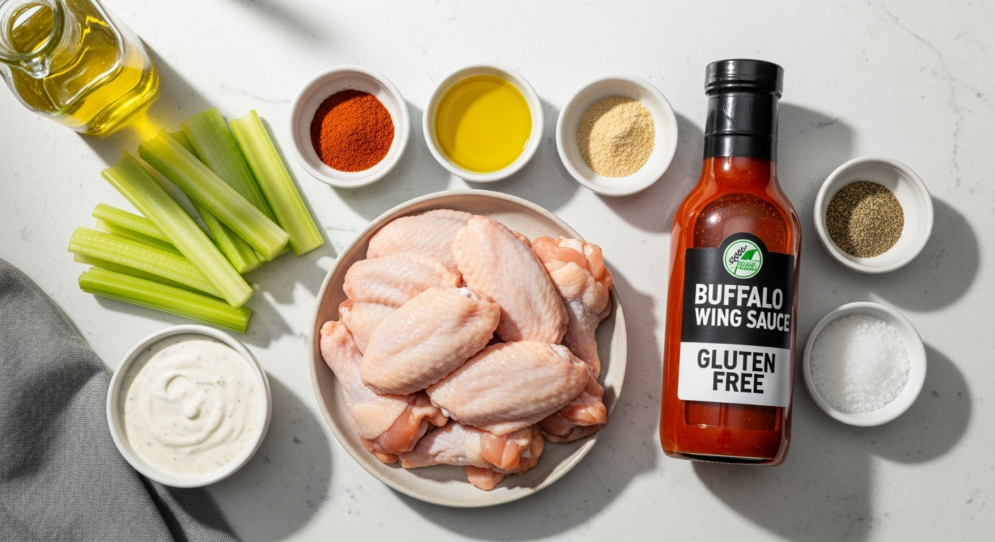 Ingredients for gluten-free buffalo chicken wings including spices and sauce.