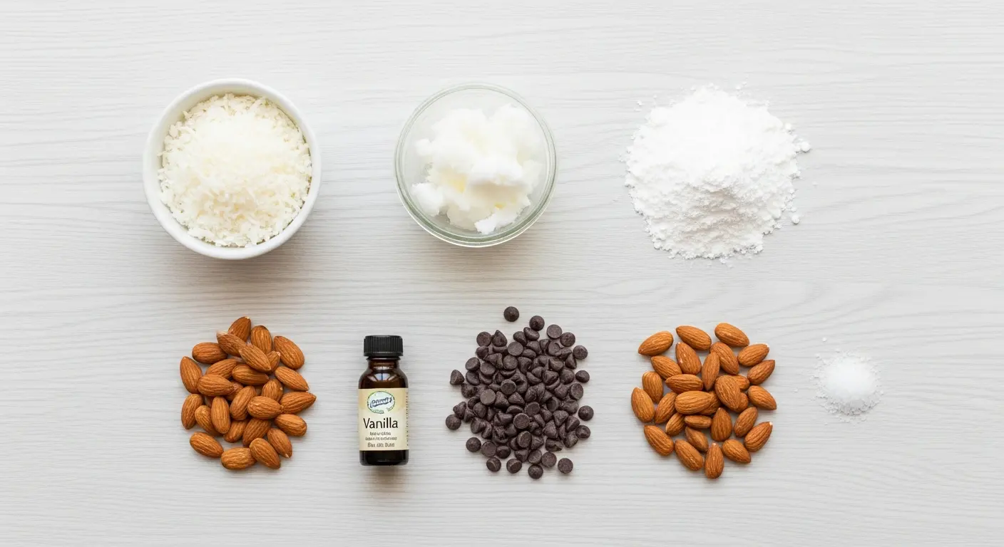 Ingredients for making sugar-free Almond Joy bars laid out on a wooden surface