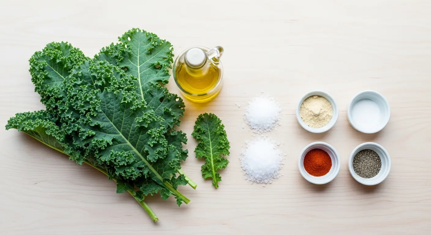 Ingredients for making crunchy paleo kale chips laid out on a wooden surface