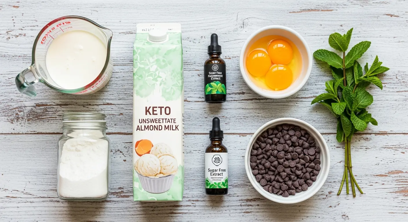 Ingredients for making keto mint chocolate chip ice cream laid out on a wooden surface