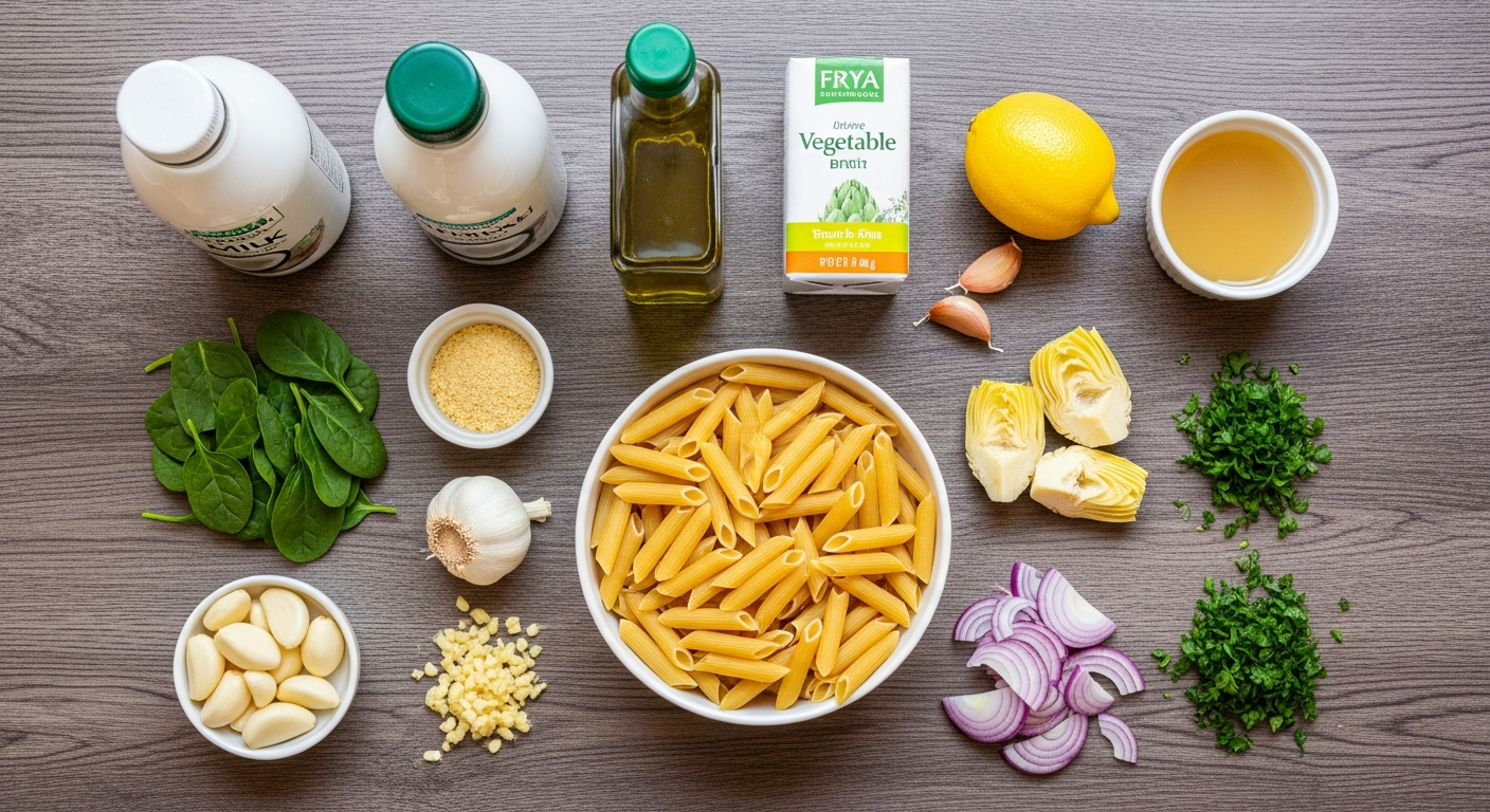 Ingredients for gluten-free spinach and artichoke pasta including spinach, artichokes, coconut milk, and gluten-free penne.