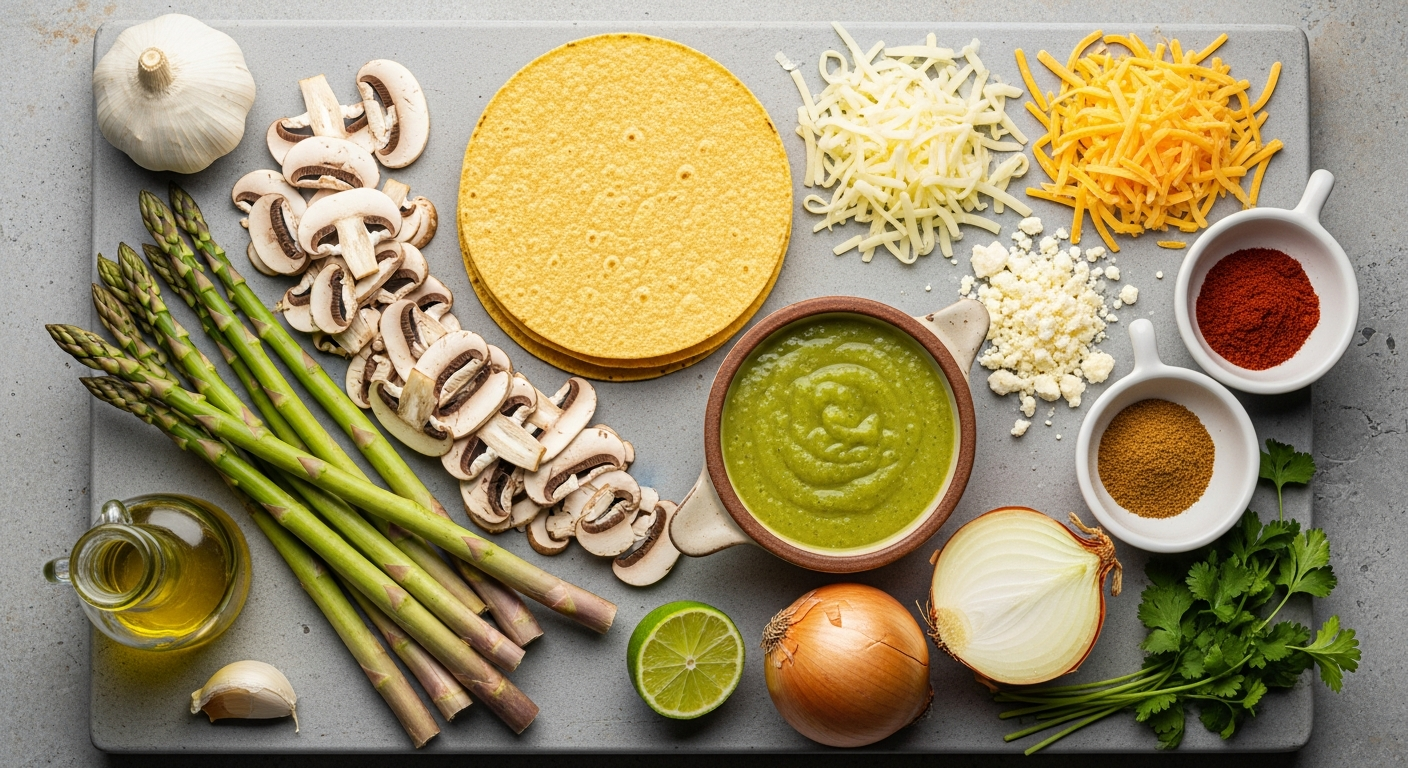 Flat lay of asparagus, mushrooms, tortillas, green enchilada sauce, cheese, and fresh herbs.