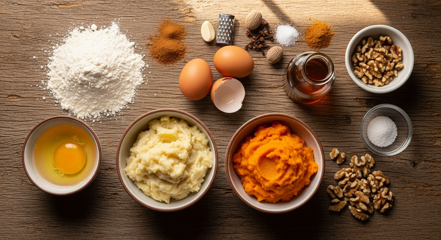 Flat lay of natural ingredients for sugar-free pumpkin banana bread, including bananas and pumpkin.