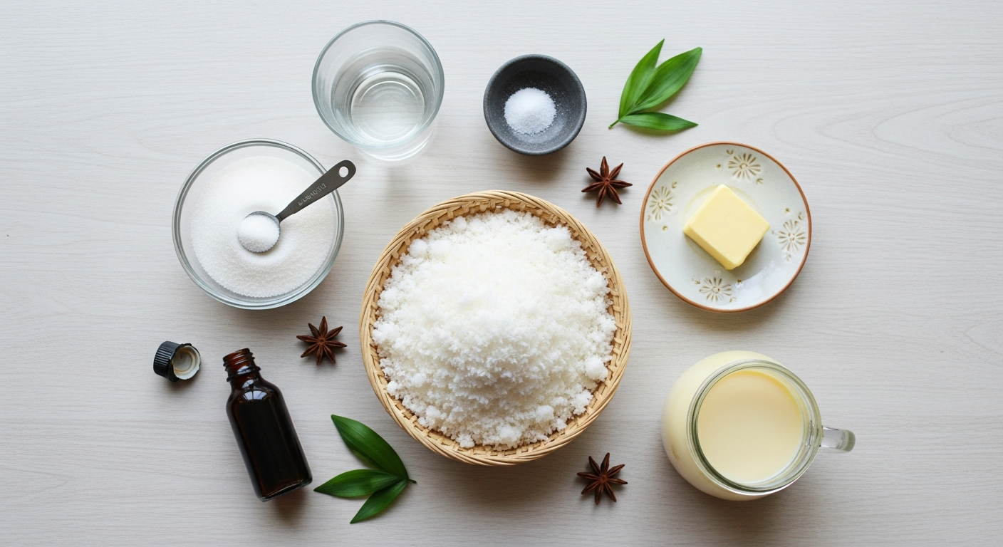 Ingredients for cocadas coconut candy including grated coconut, sugar, condensed milk, butter, and vanilla.