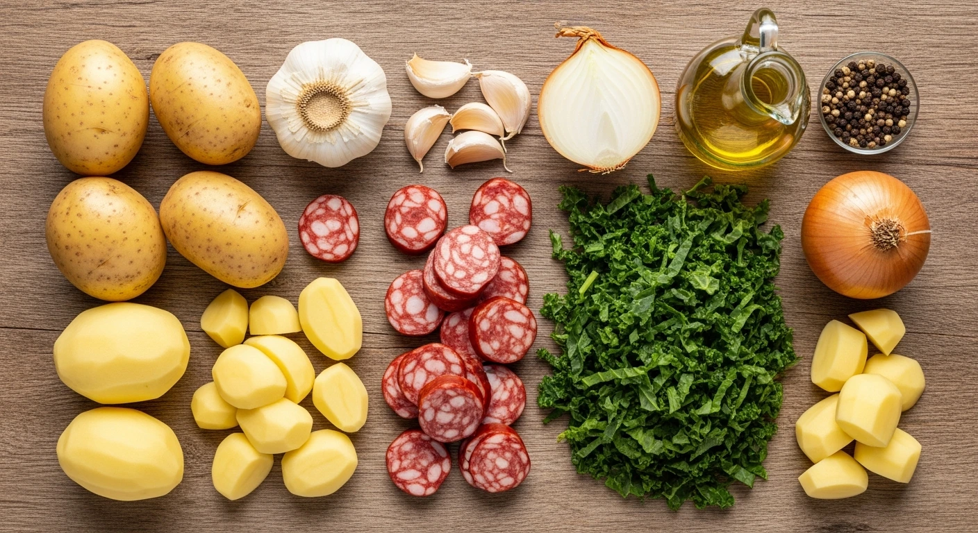 Ingredients for caldo verde soup including potatoes, kale, chorizo, and olive oil.