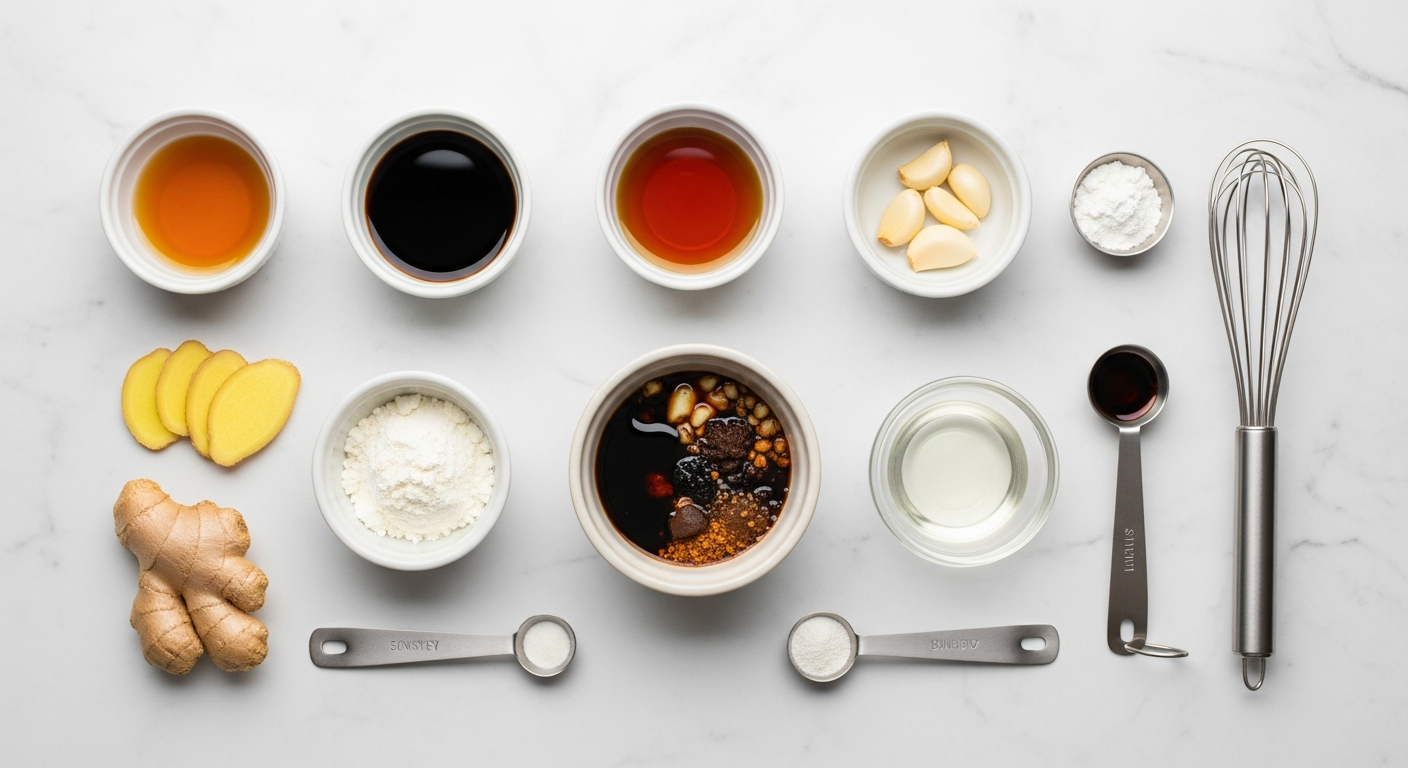 Preparation of high-protein teriyaki sauce in a saucepan, blending protein powder for a muscle-friendly meal.