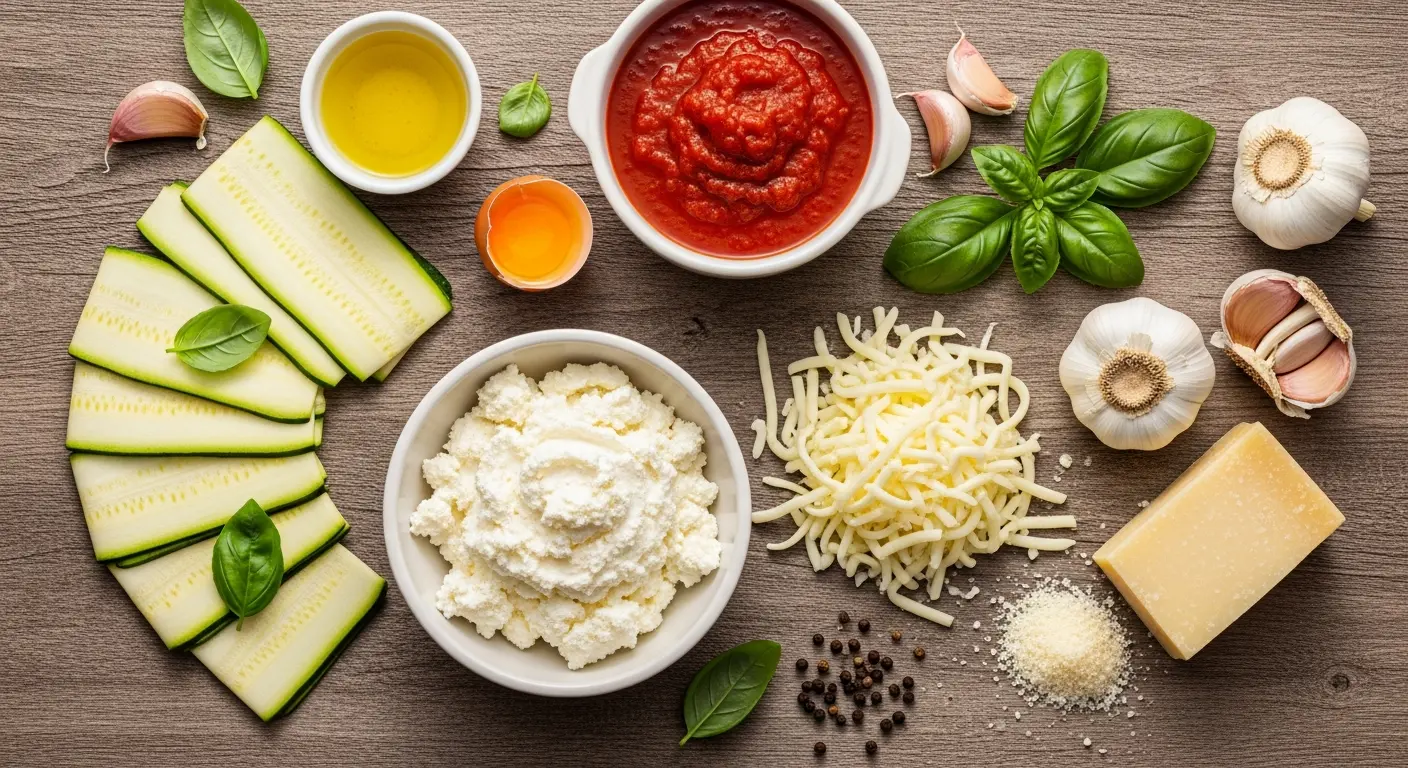 Ingredients for zucchini lasagna rolls including zucchini, ricotta, mozzarella, Parmesan, and marinara sauce.