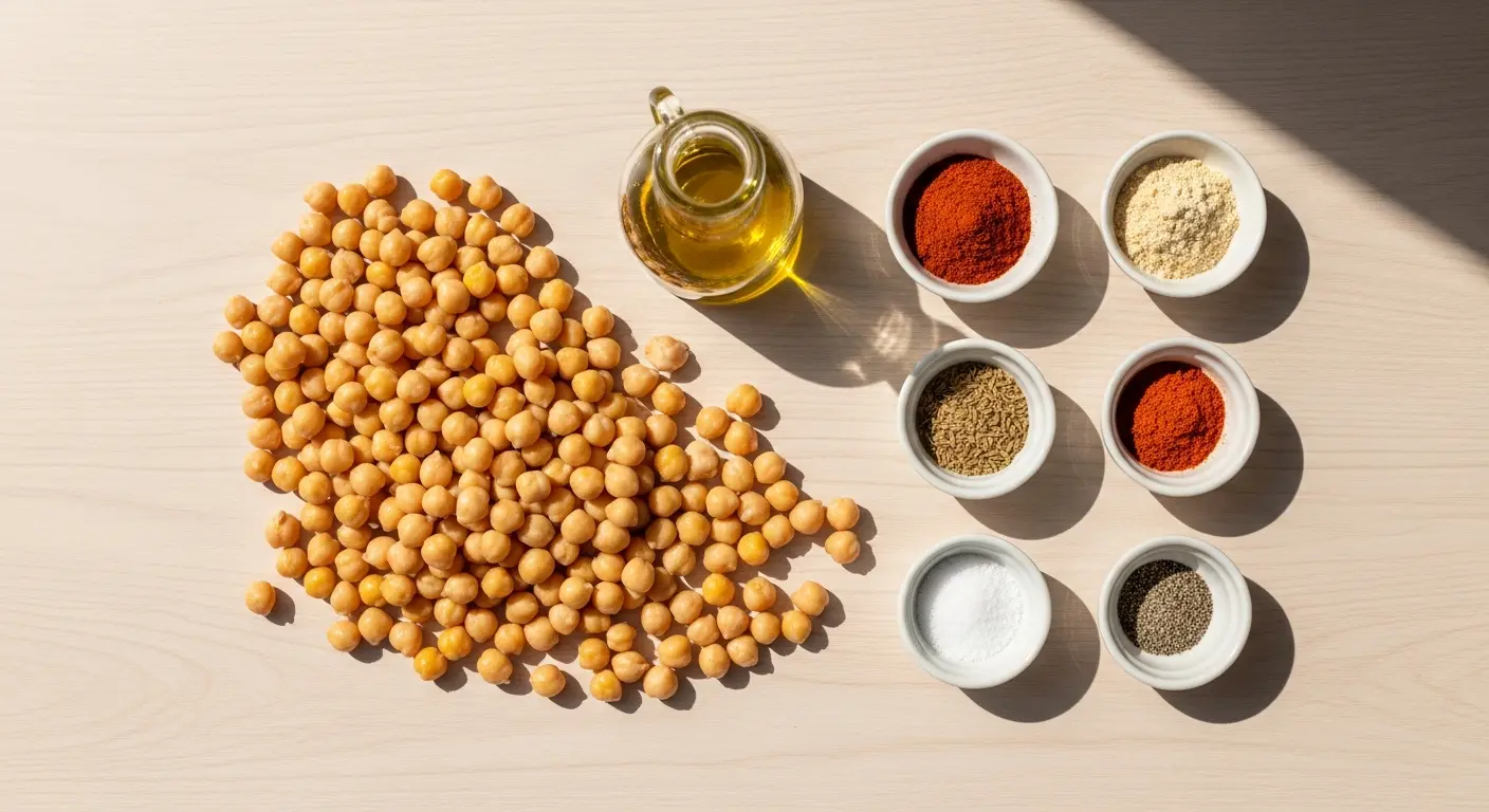 Ingredients for making crispy air fryer chickpeas laid out on a wooden surface