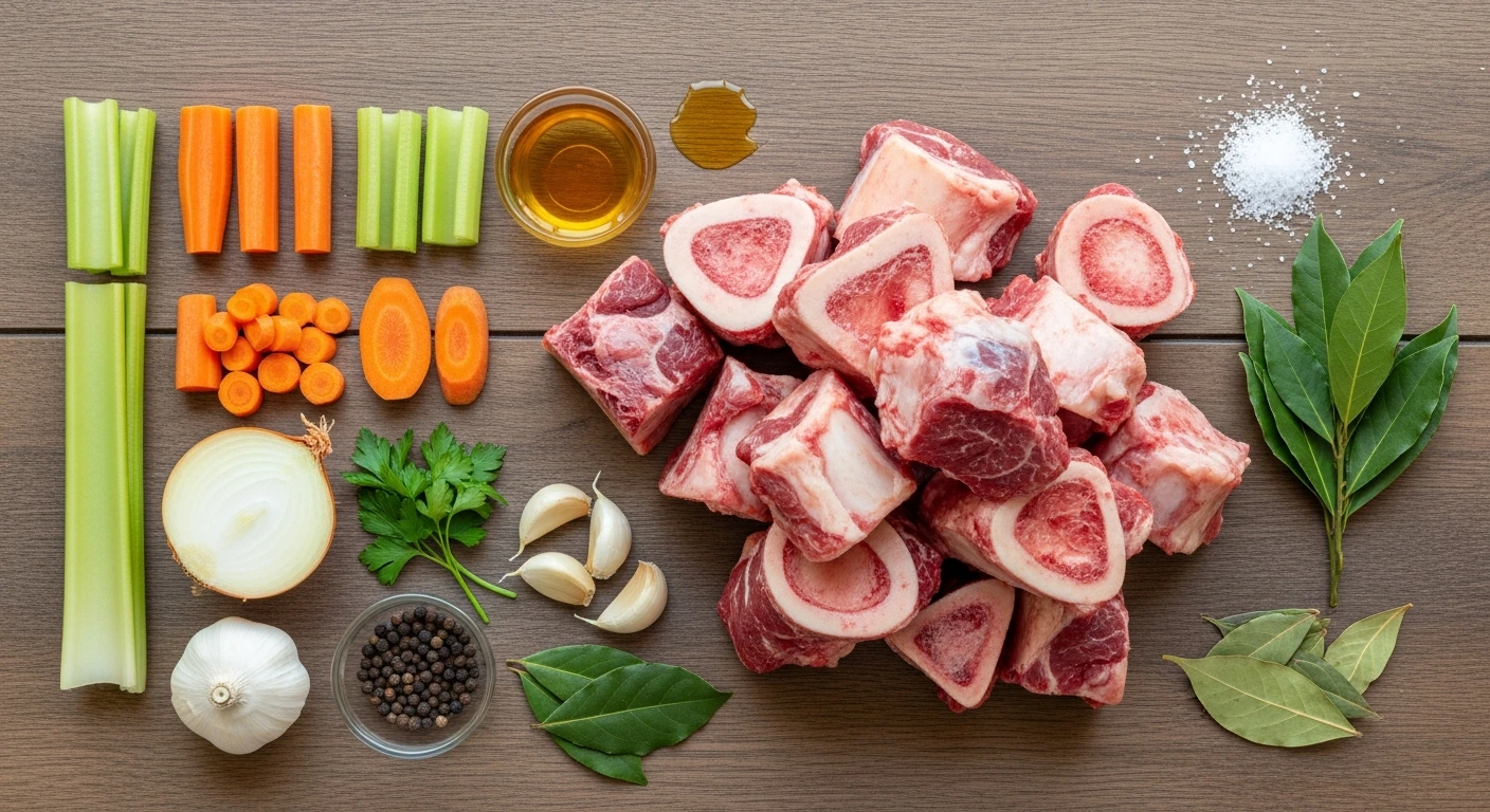 Ingredients for homemade paleo bone broth including beef bones and vegetables.
