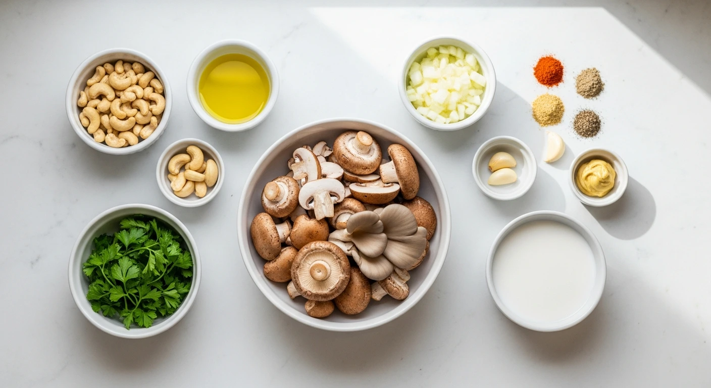 Cooking creamy vegan mushroom stroganoff in a skillet.