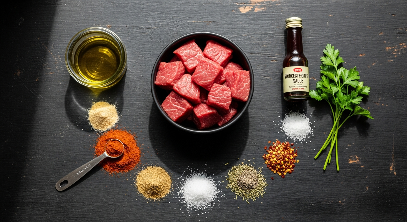 Ingredients for crispy air fryer keto steak bites including beef sirloin, olive oil, spices, and fresh herbs.