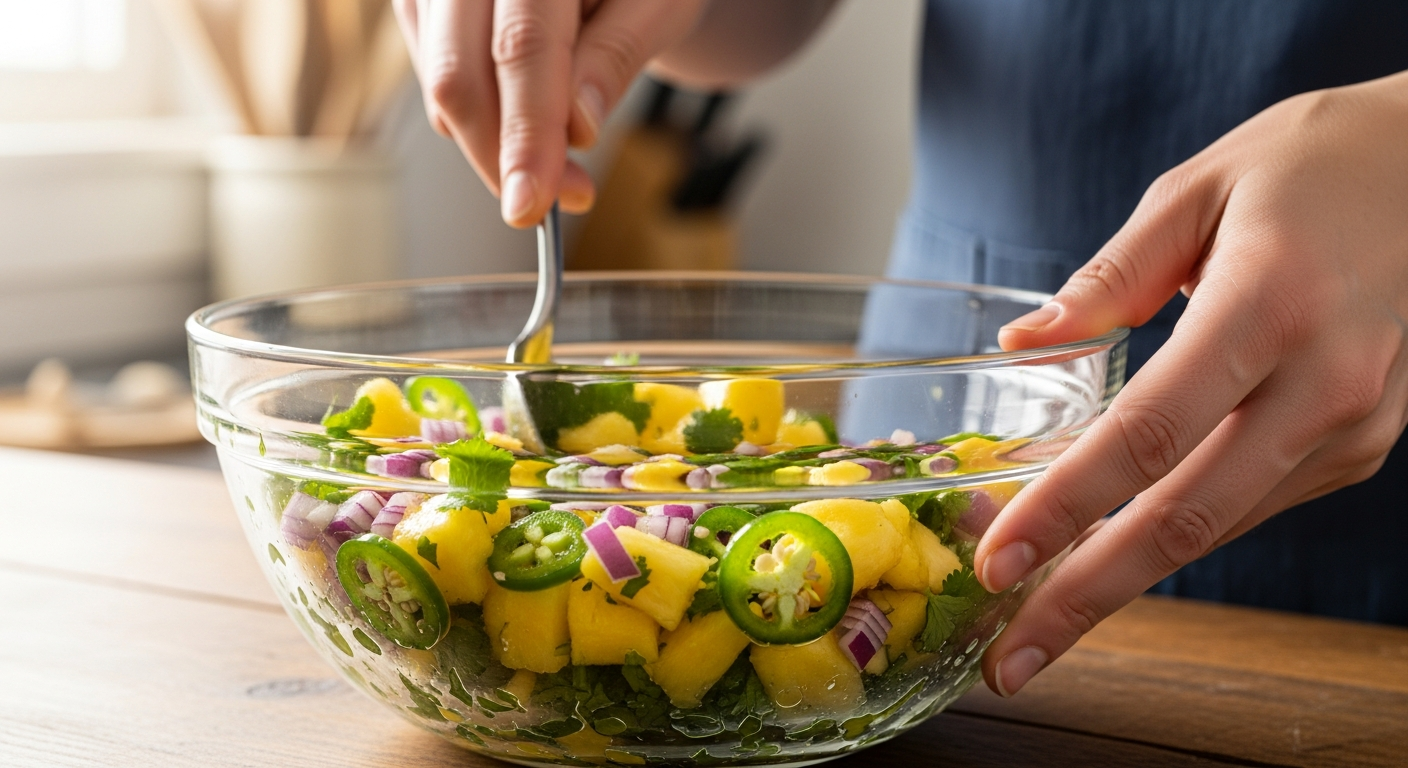 Preparing homemade pineapple salsa by mixing fresh pineapple, onion, jalapeño, cilantro, and lime juice.
