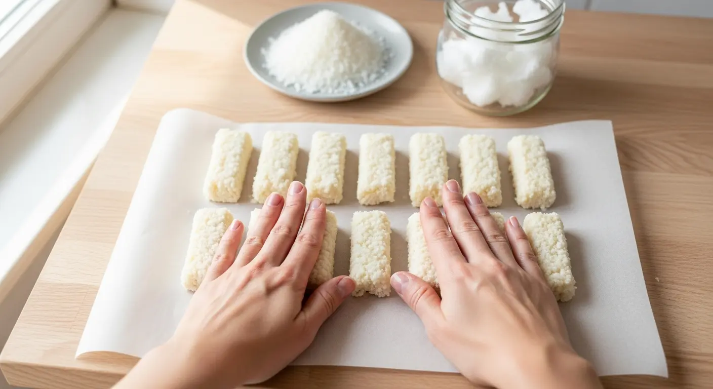 Shaping coconut filling for homemade sugar-free Almond Joy bars