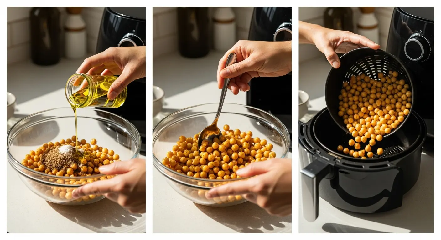 Chickpeas being mixed with olive oil and spices before cooking in an air fryer