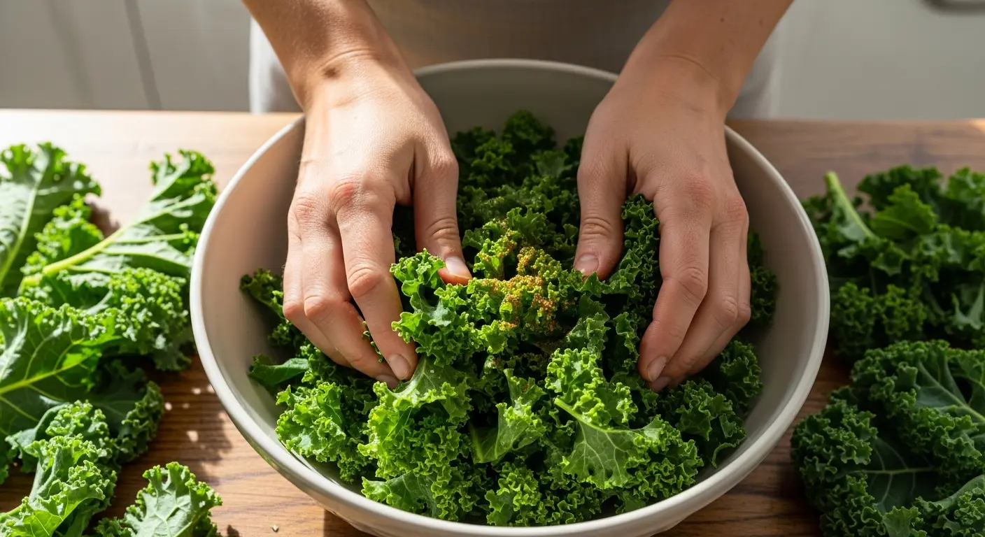 Massaging olive oil and seasoning into fresh kale before baking
