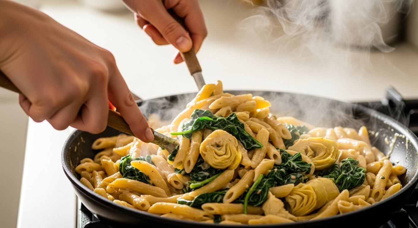 Cooking gluten-free spinach and artichoke pasta with creamy dairy-free sauce in a skillet.