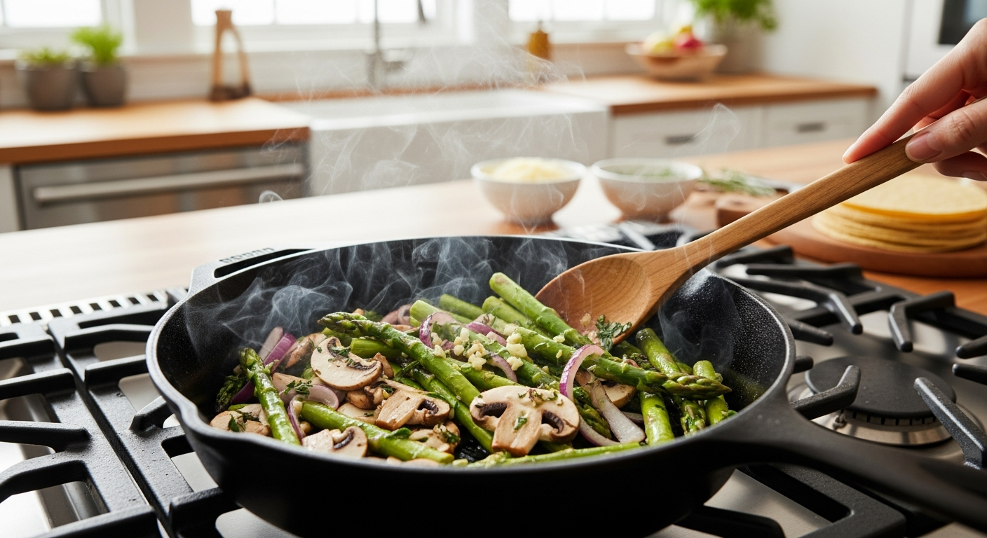 Asparagus and mushrooms being sautéed with onions and garlic for vegetarian enchiladas.
