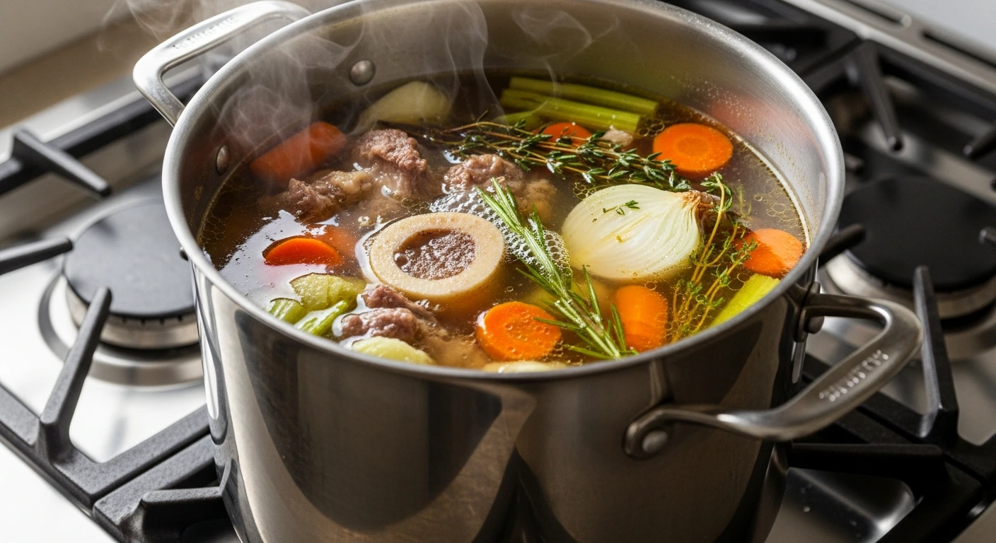 Bone broth slowly simmering with bones and vegetables in a large stockpot.