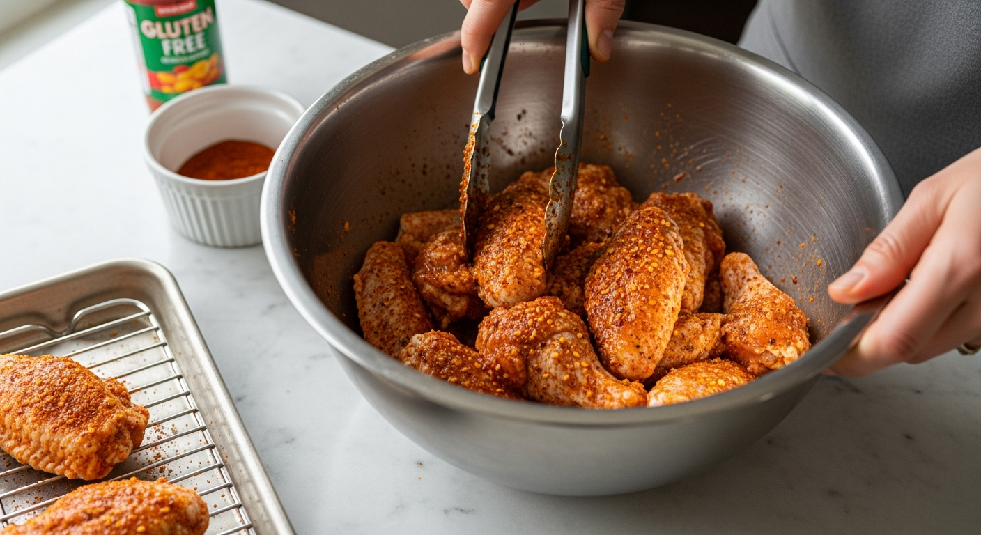 Seasoning and preparing gluten-free chicken wings before baking.