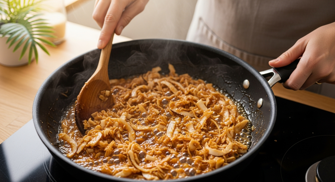 Cooking cocadas coconut candy in a pan with caramelized coconut mixture being stirred.