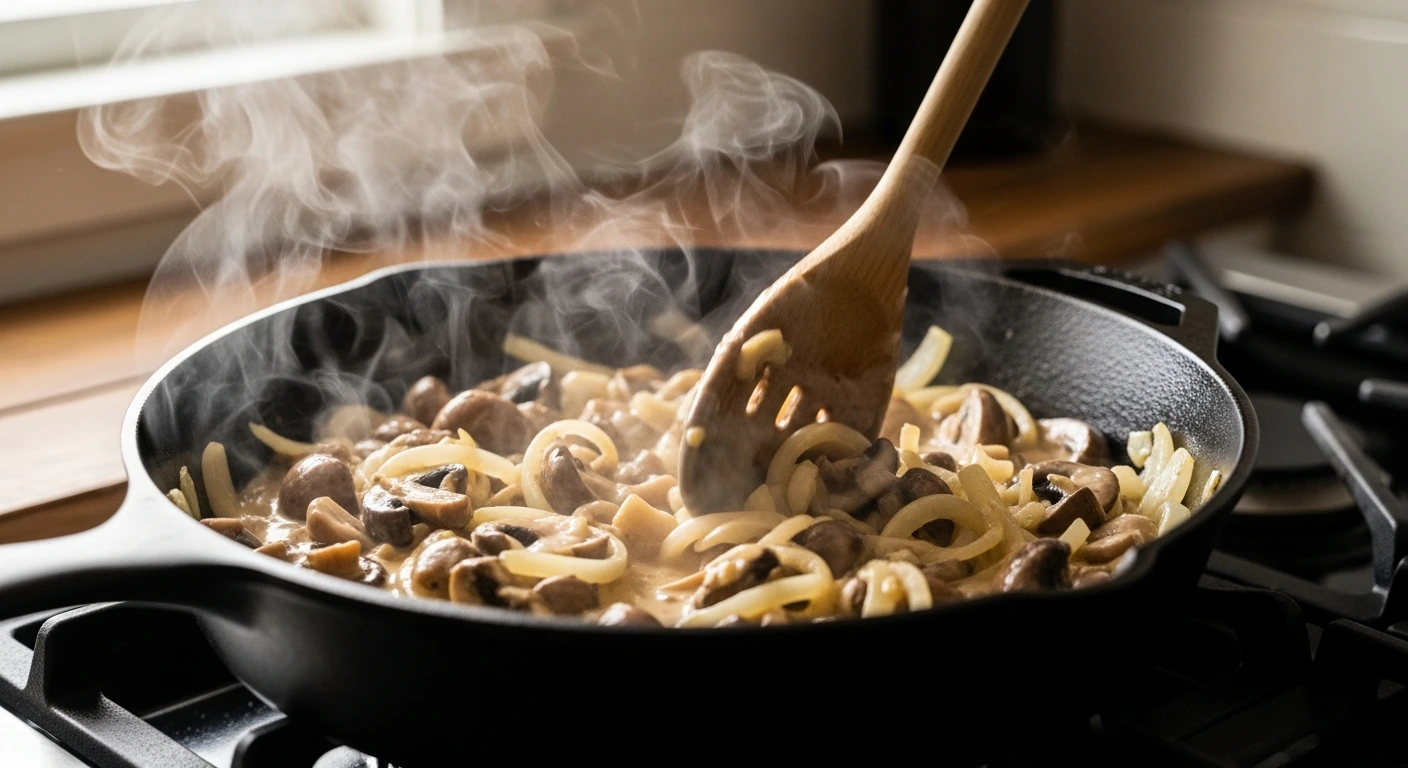 Plant-based ingredients for creamy vegan mushroom stroganoff.