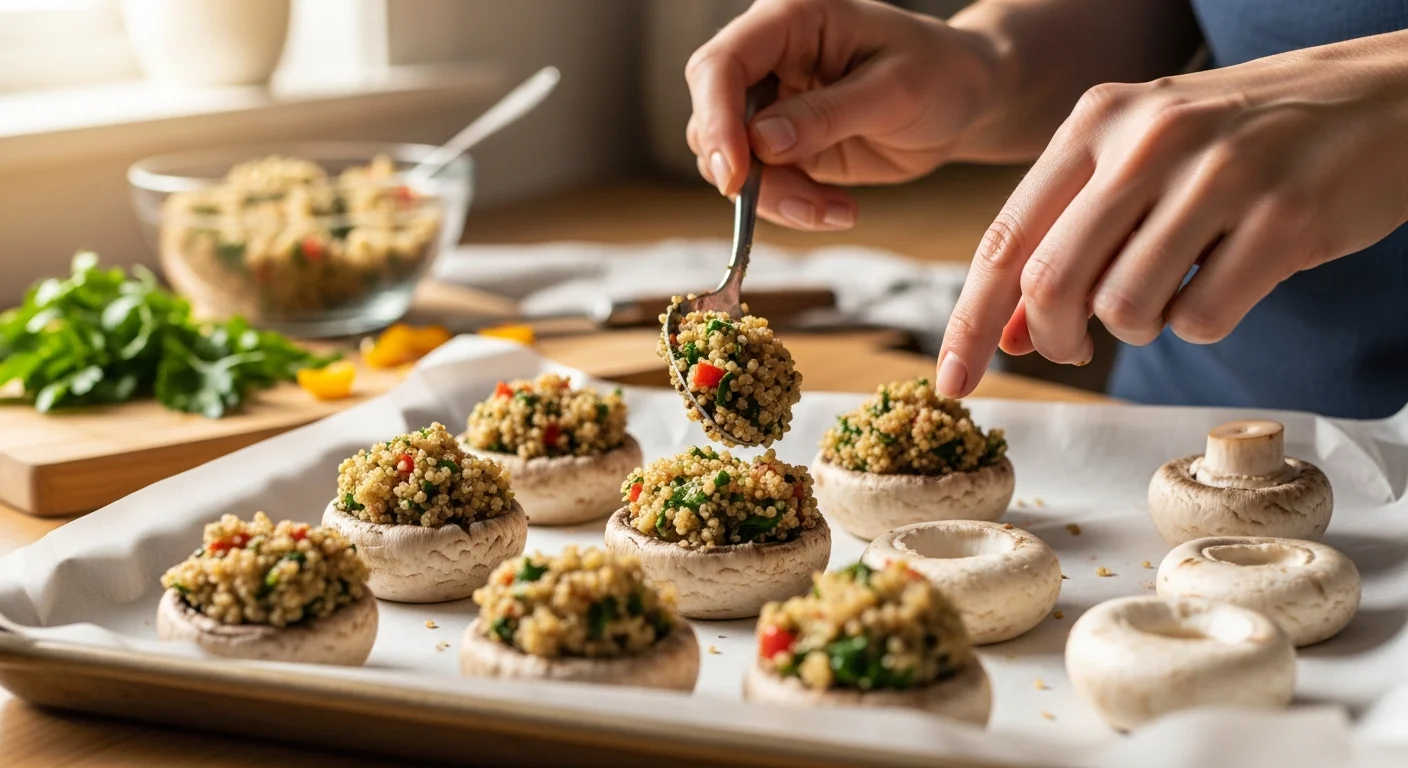 Ingredients for low-calorie stuffed mushrooms with quinoa laid out.