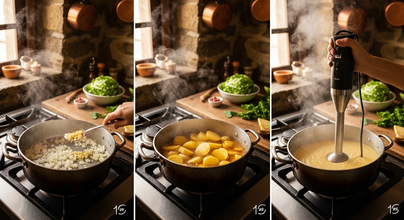 Preparing caldo verde soup by blending potatoes and broth for a creamy base.