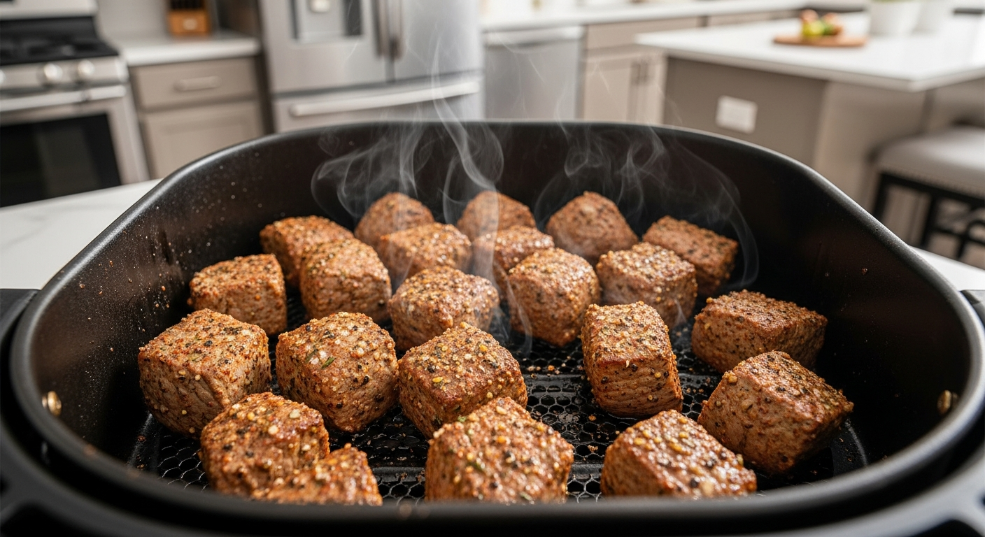 Steak bites cooking in an air fryer for a quick keto-friendly snack.